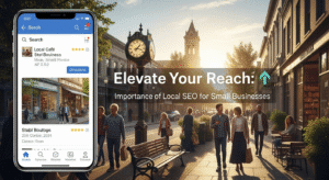 This image shows a group of local business owners standing on a small-town main street, collaborating on local SEO strategies. They represent teamwork, community growth, and digital marketing efforts that help local businesses thrive online and attract nearby customers.