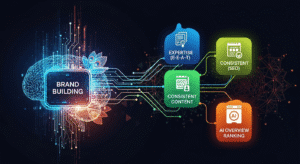 (SEO Optimized) Infographic showing how Brand Building Strategies, E-E-A-T, and AI Overview SEO are interconnected for digital business growth in 2025
