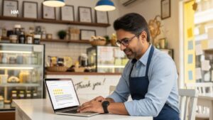 Man wearing an apron using a laptop in a cozy cafe, smiling while reading a five-star customer review.