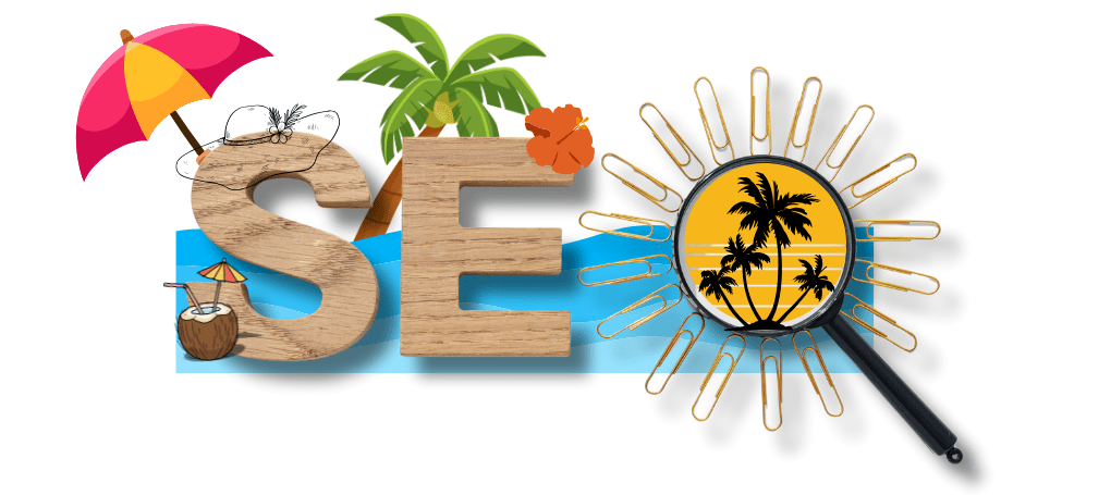 “Goa beach themed SEO banner with wooden SEO letters, palm trees, umbrella, coconut drink and magnifying glass design.”