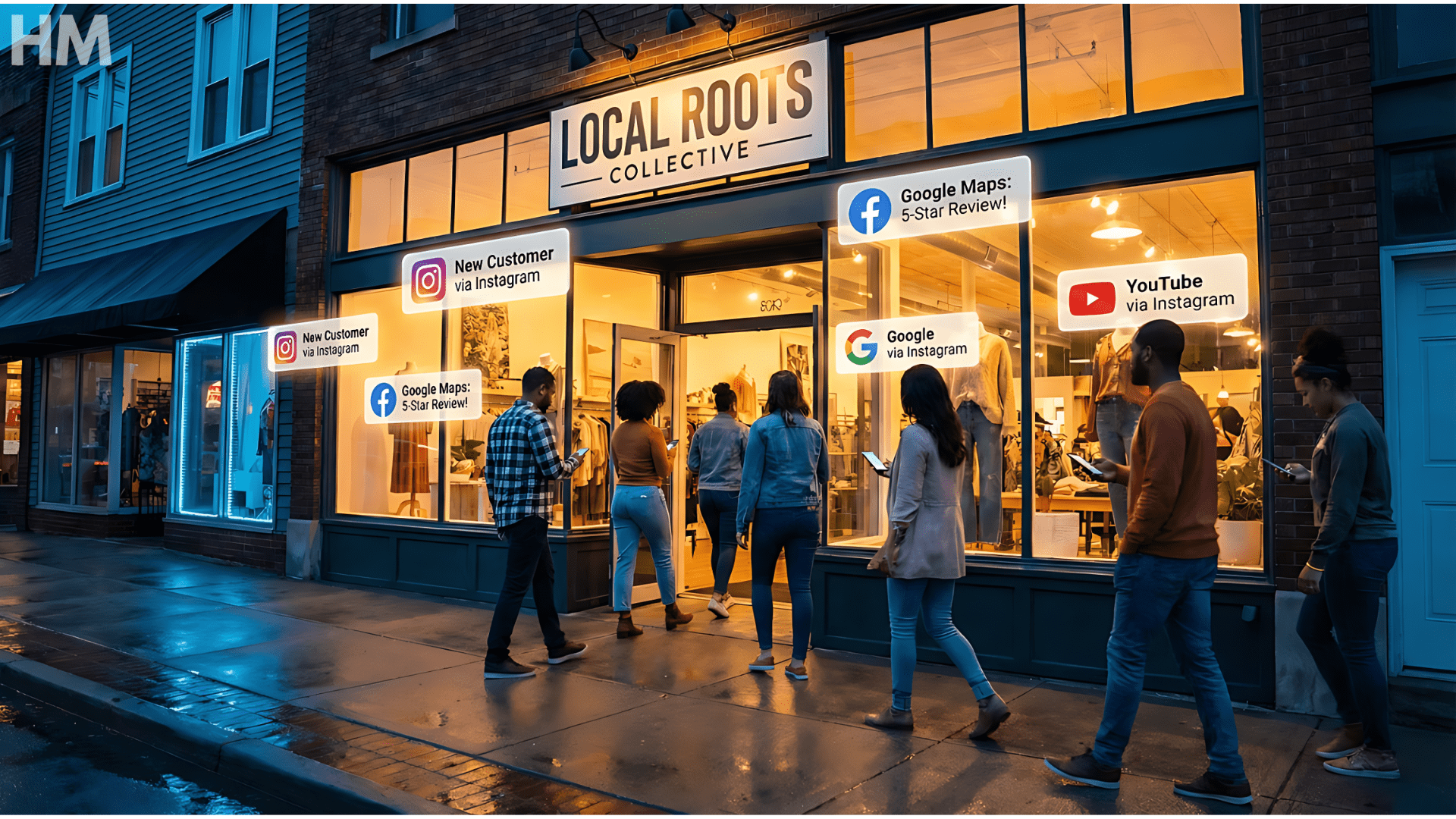 A realistic scene of a local store attracting walk-in customers through Social Media Marketing for Local Businesses, with Instagram, Google Maps, Facebook, and YouTube notifications influencing customer decisions.