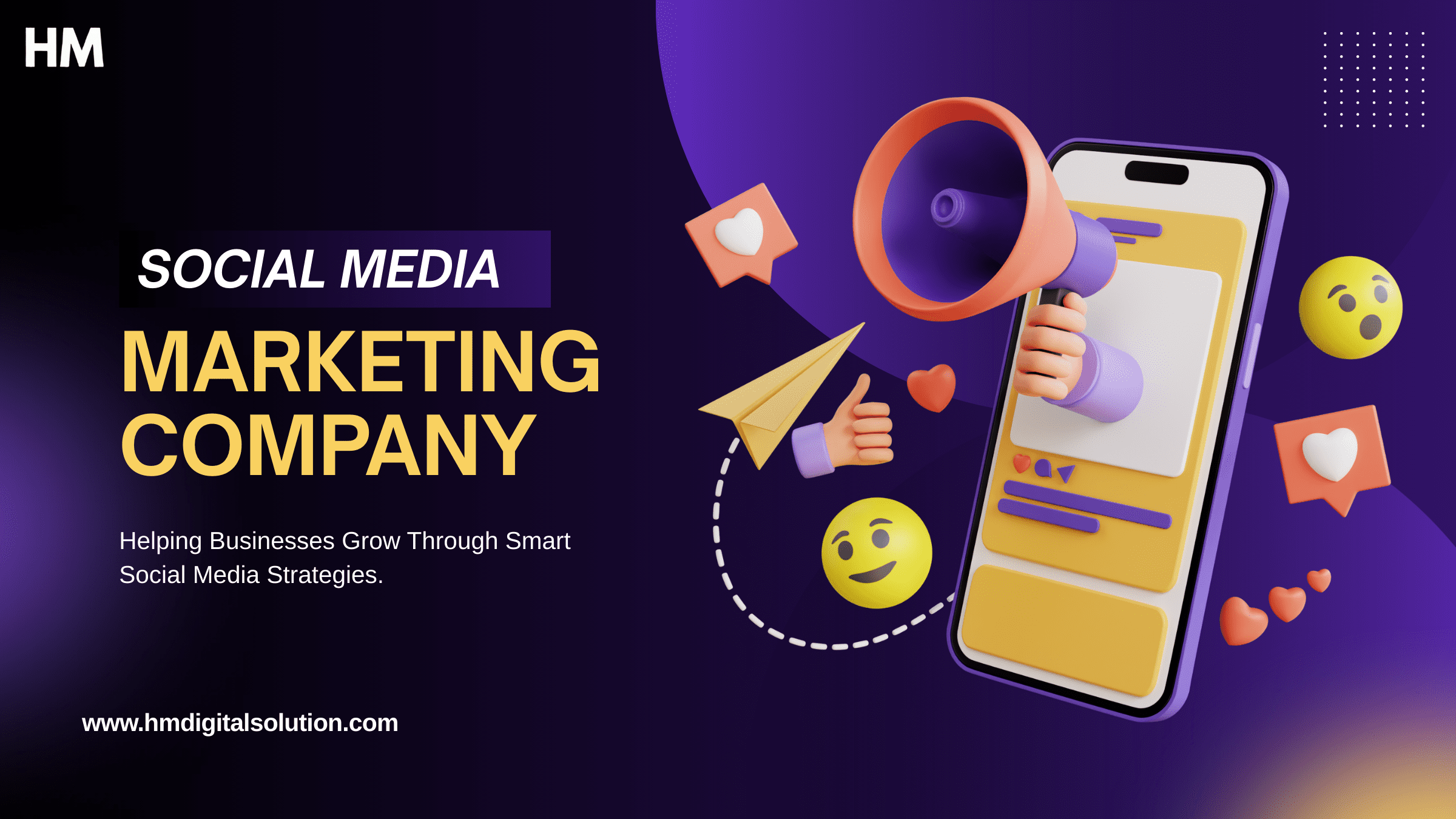 3D illustration showing a mobile phone with a megaphone, emojis, and engagement icons representing Social Media Marketing for Local Businesses and how digital strategies help companies grow online.