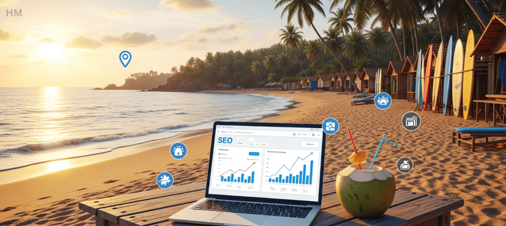 Goa beach sunset with laptop showing SEO analytics, surfboards, beach huts, and a coconut drink on a wooden table."